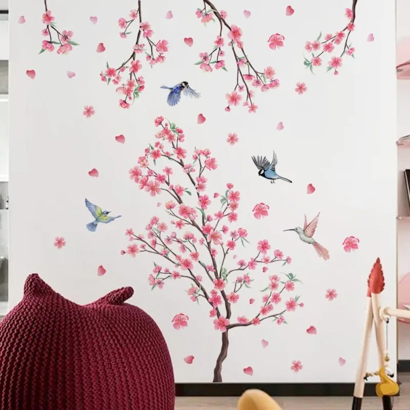 Large Cherry Blossom Wall Stickers Pink Flowers Tree Branch Birds Qme