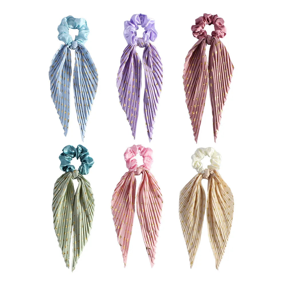 Handmade Pleated Hair Scrunchie with Long Ribbon,Elastic Hair Tie for Girls,Retro Ponytail Hair Rope Fashion Hair Accessories Qme