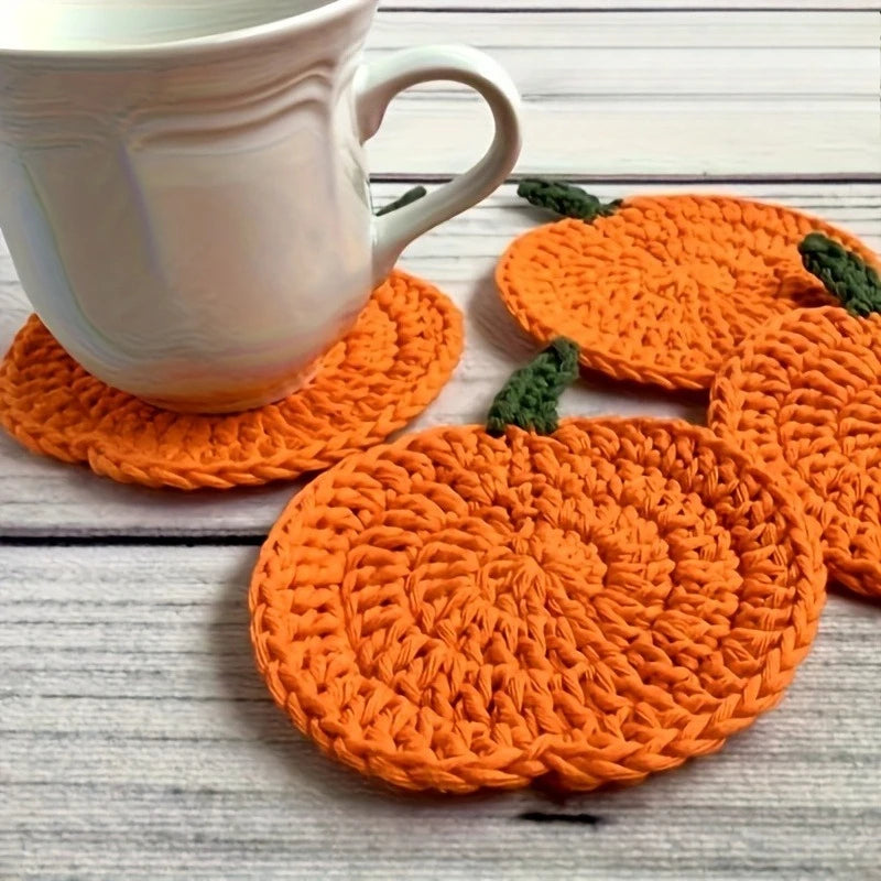 Crochet Pumpkin Coasters,Funny Handmade Knitted Coaster, Cute Pumpkin Shaped Mug Cup Mat Table Desk Decoration Housewarming Gift Qme