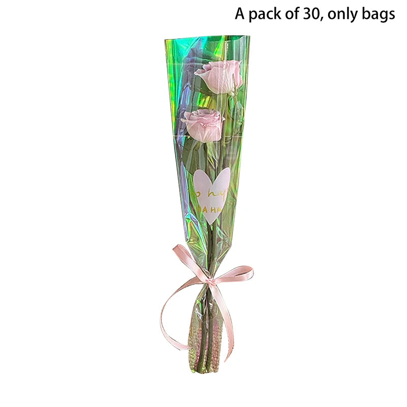 30PCS Love Heart Iridescent Single Rose Sleeves DIY Transparent Flower Wrapping Bag Floral Material Packaging Waterproof Qme M color