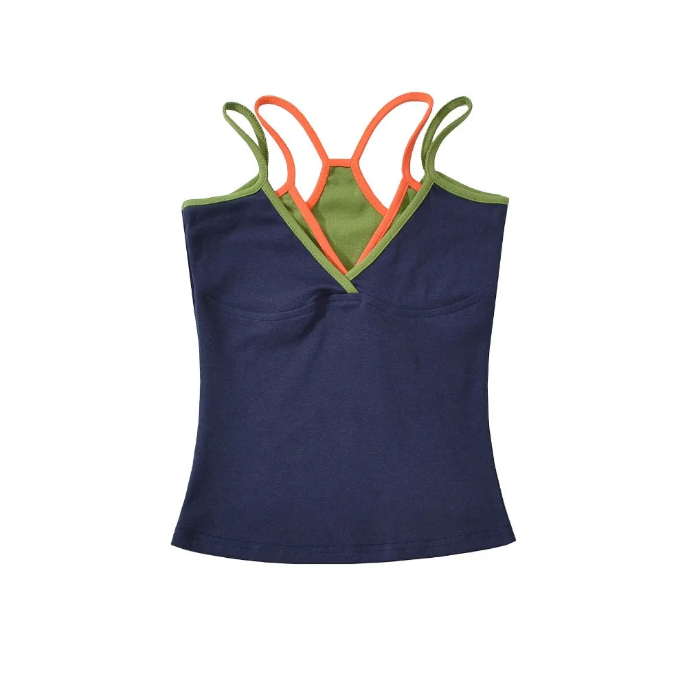 Fashion Slim Fit Fake Two Camisole Patchwork Streetwear Crop Tops Qme Dark Blue S