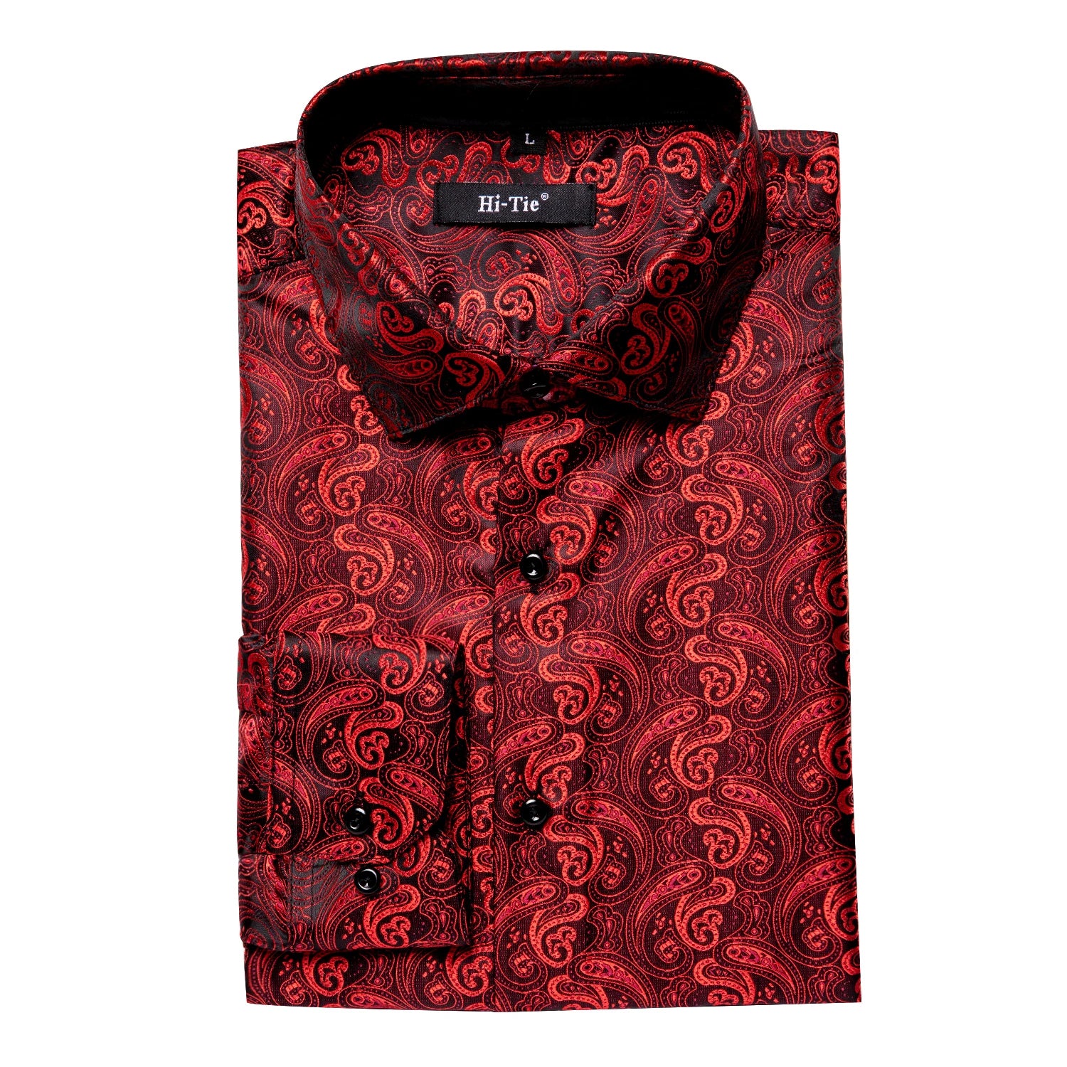 Hi-Tie Spring Autumn Mens Shirts Silk Red Black Paisley Suit Turndown Collar Shirt Casual Formal for Male Wedding Business Gifts Qme