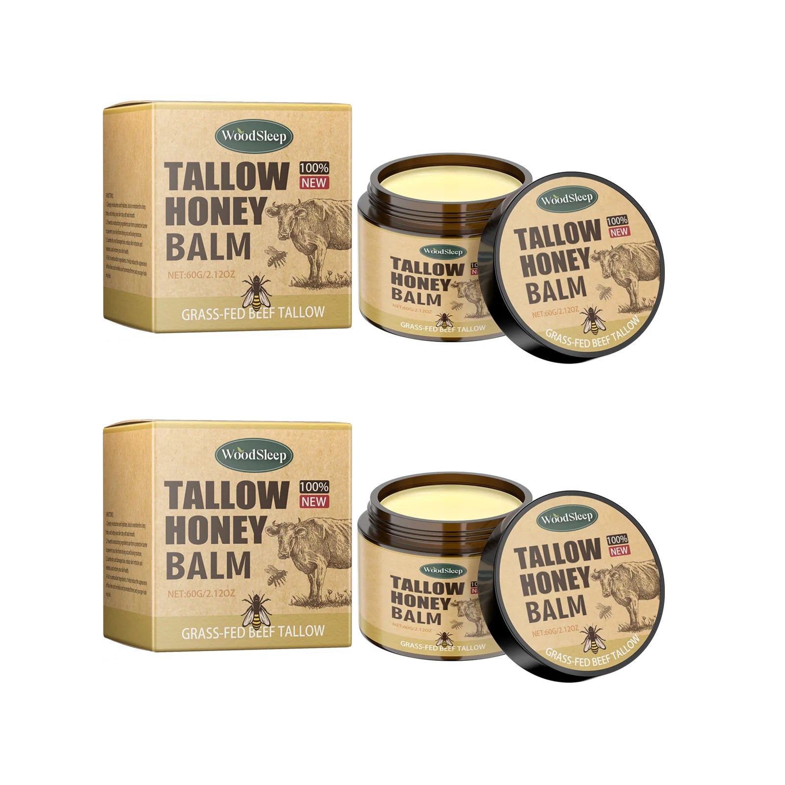 Beef Tallow Honey Balm Moisturizing Hydrating Face Cream Body Lotion Fades Fine Lines Tighten Soothen Brightening Facial Skin Qme 2 x 60g Boxed