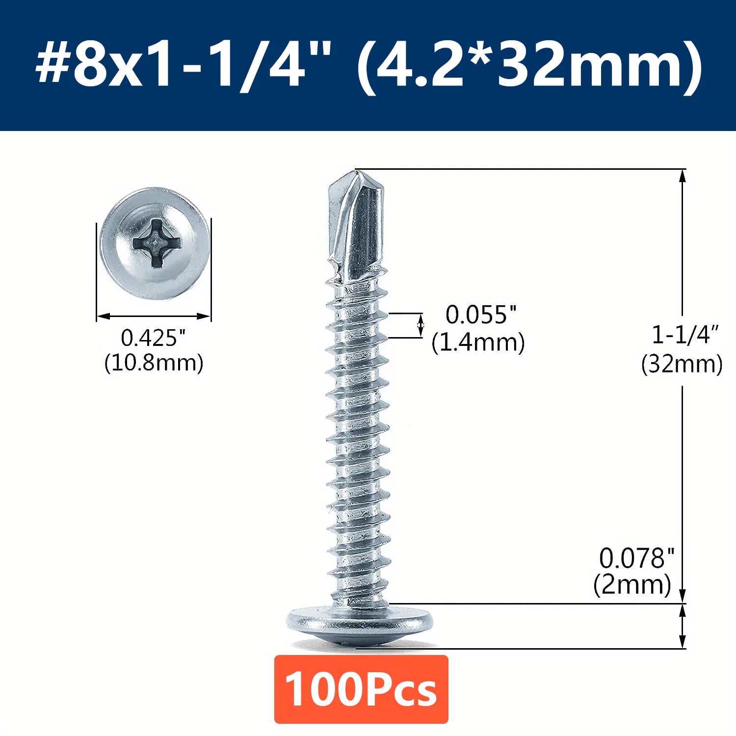 #8 Phillips Truss Head Self Drilling Tek Screw Zinc Oxide Sheet Metal Screws Fast Self Tapping Screws Lath to Metal Studs 100Pcs Qme 100pcs 32mm