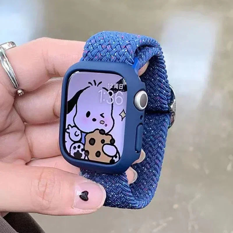 Korean Cute Braied Strap + Case For Apple Watch Band 49mm 46mm 45 44 38 42 Nylon Bracelet For iWatch Series 10 9 8 7 6 5 4 3 SE Qme Starlight blue For Series 10 46MM