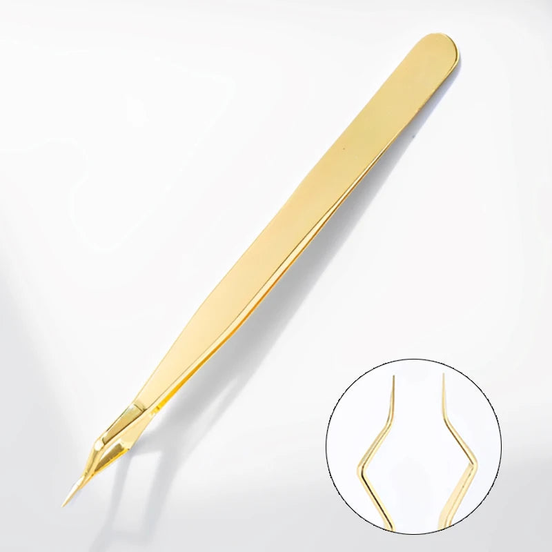 Lash Extension Tweezers Anti Slip Stainless Steel Curved Tip Straight Qme A-1pc