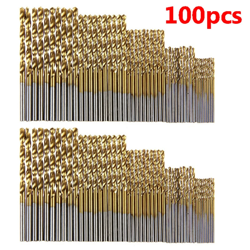 50/100pc/set Titanium Coated Drill Bit High Speed Steel Hole Opener Woodworking Metal Plastic Tools Electric Drill Qme 100pcs Gold