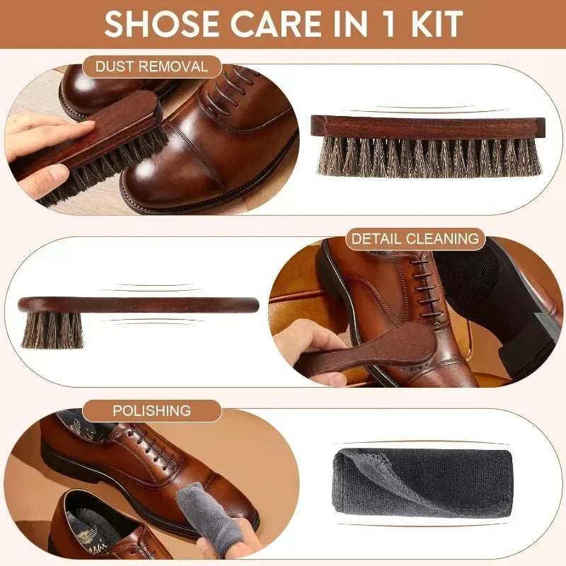 Horsehair Shoe Brush Beech Wood Handle Leather Suede Cleaning Soft Qme