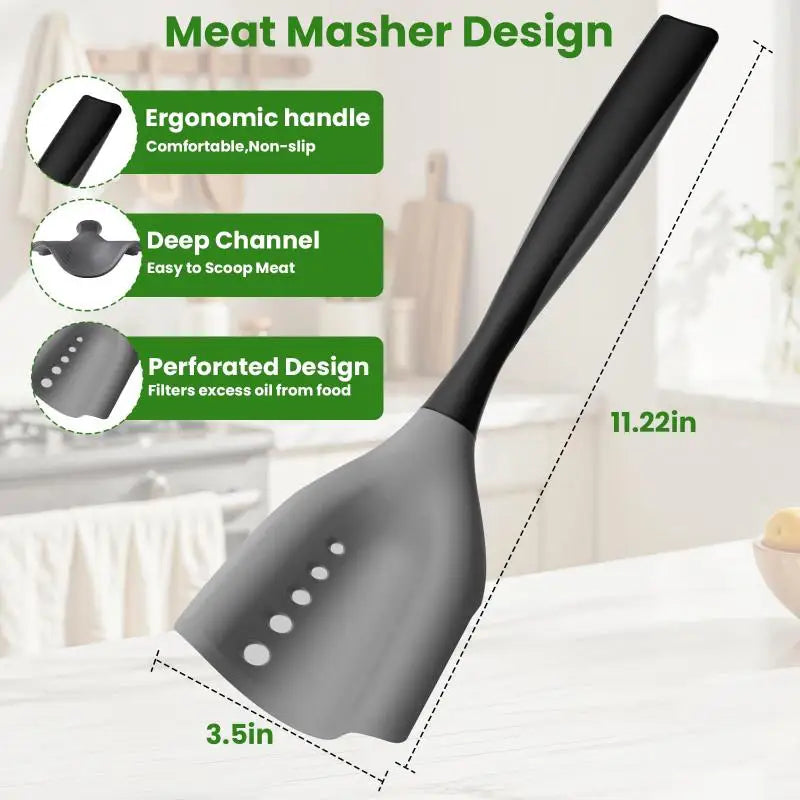 2-in-1 Silicone Mincing Spatula Meat Chopper Shredding Spatula Oil Filtering Non-Stick Meat Grinder Heat Resistant Kitchen Tool Qme 1pcs