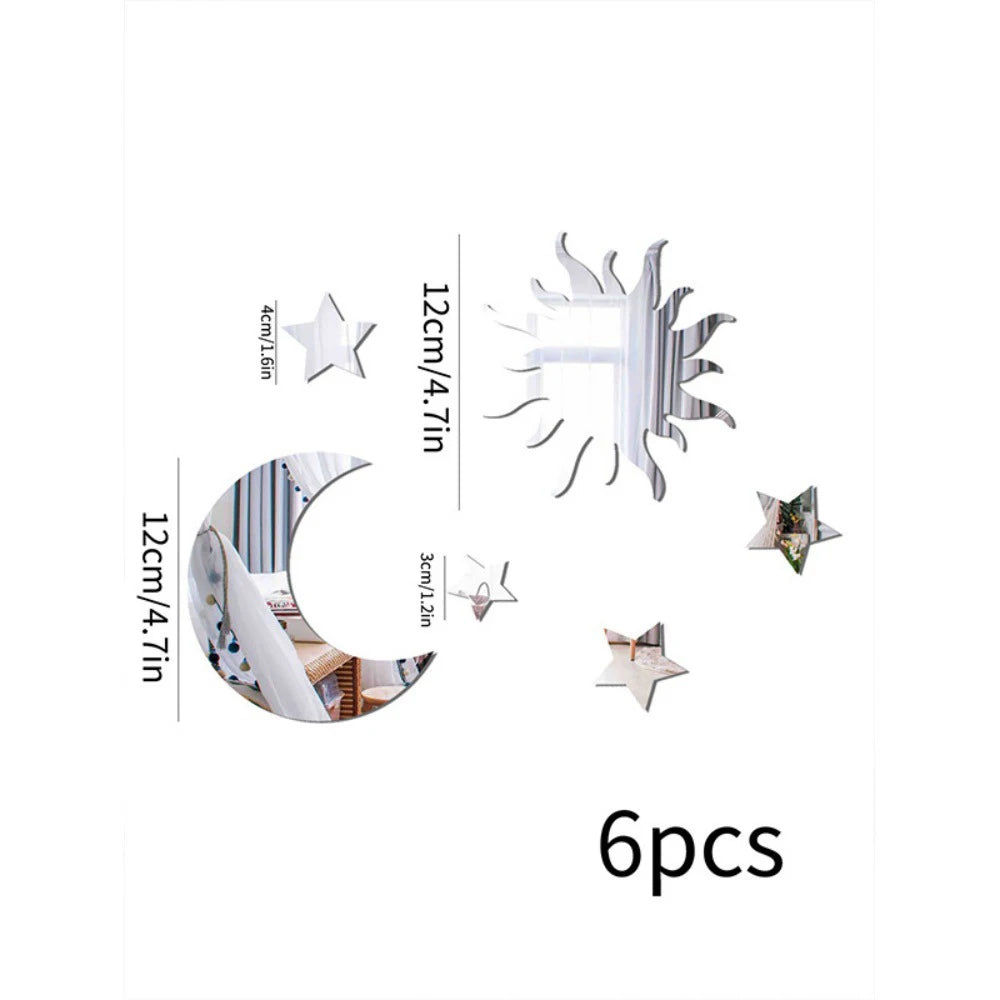 6PCS Star Moon Combination Mirror Acrylic Stereo Self Adhesive Diy Bedroom Living Room Can Be Removed Wall Stickers Qme