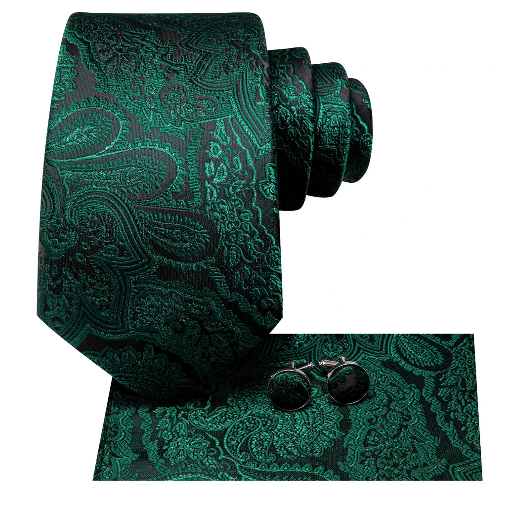 Hi-tie Paisley Dark Green Black Mens Elegant Necktie Handkerchief Qme
