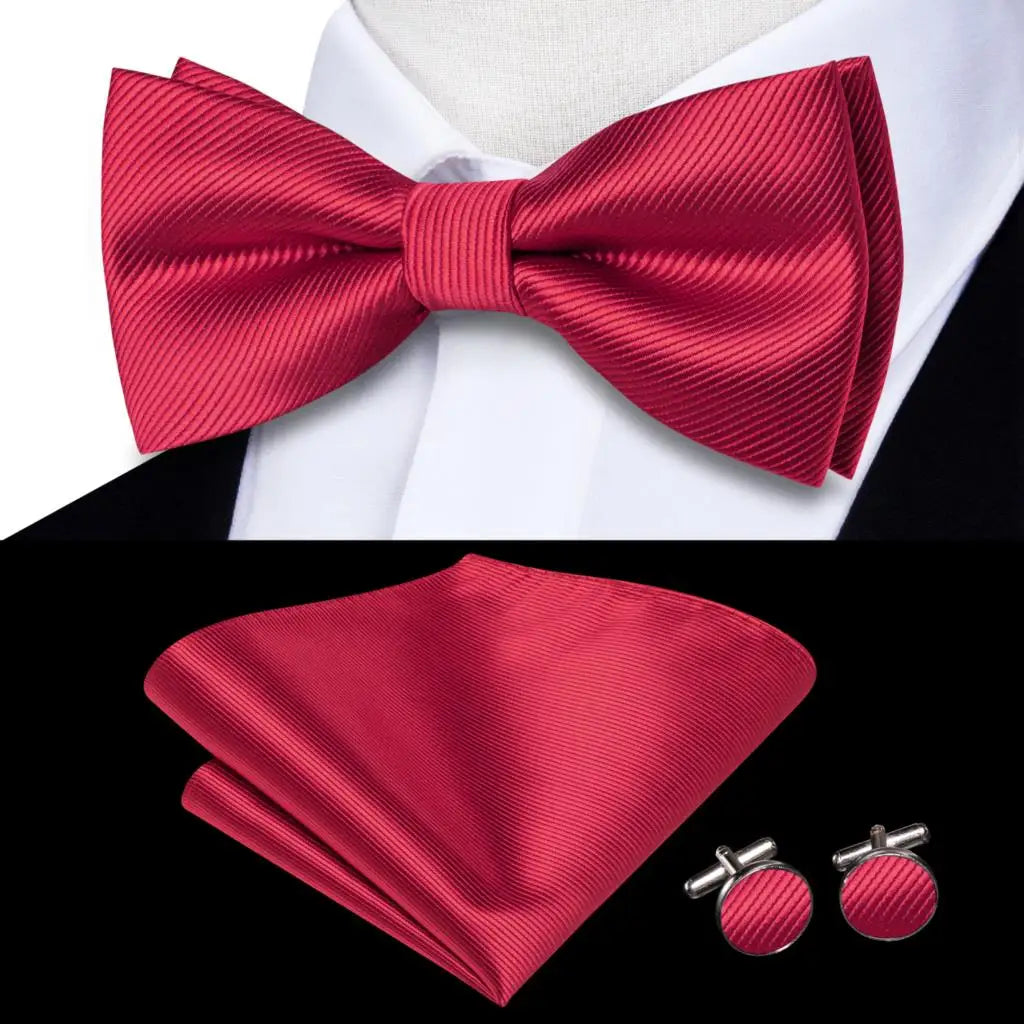 Rose Red Burgundy Maroon Silk Mens Bow Tie Hanky Cufflinks Set Jacquard Pre-tied Butterfly Knot Bowtie for Male Wedding Business Qme LDLH2512