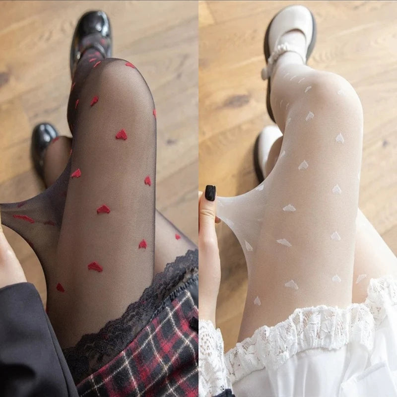 Sexy Black Stockings Women Heart Tights Small Thin Vintage Faux Qme