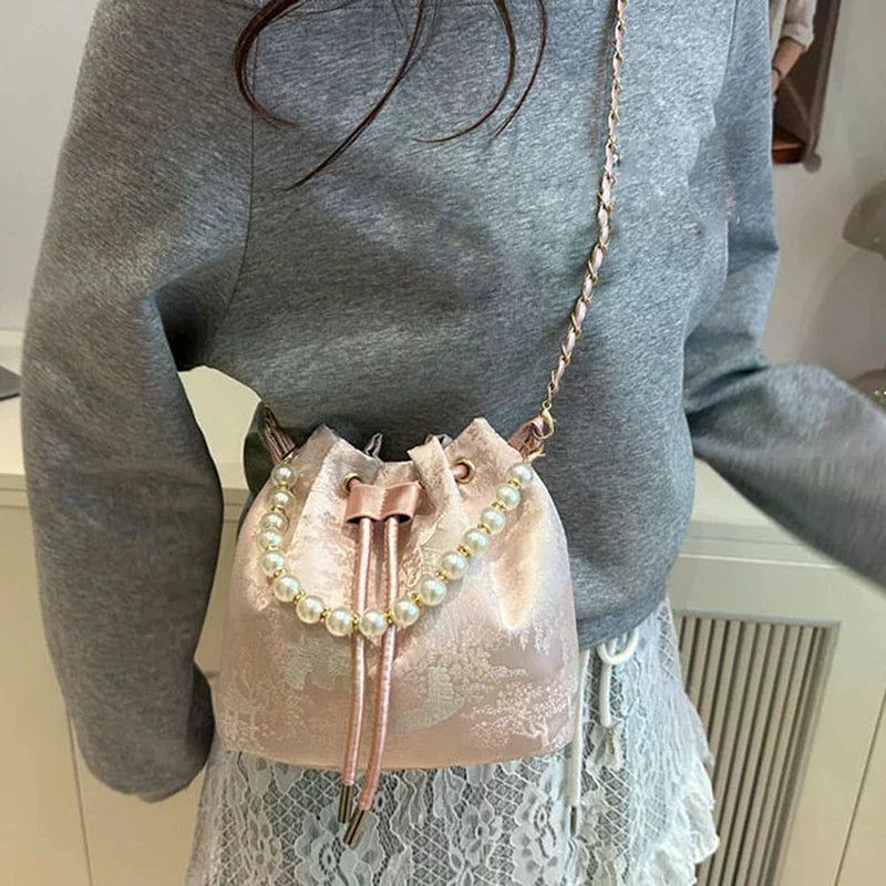 Pearl Chain Bucket Bag Women's Shoulder Bag Simple New Chinese Style Retro Crossbody Bag Qme