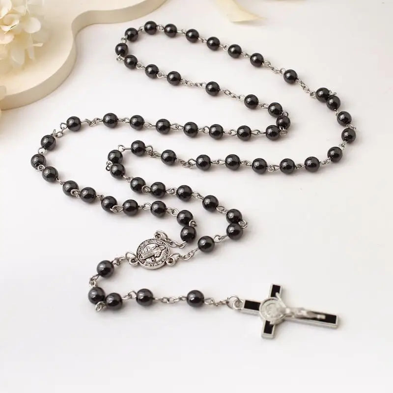 Retro Religion Belief Catholic Cross St. Benedict Black Gallstone Prayer Rosary Pendant Necklace Jewelry Gift Qme A2