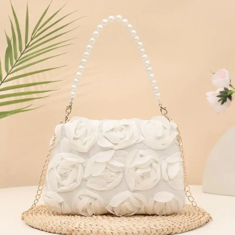 Ladies 3D Rose Floral Shoulder Bag With Pearl Handle Detachable Chain Perfect For Wedding Party Evening Date Qme A6
