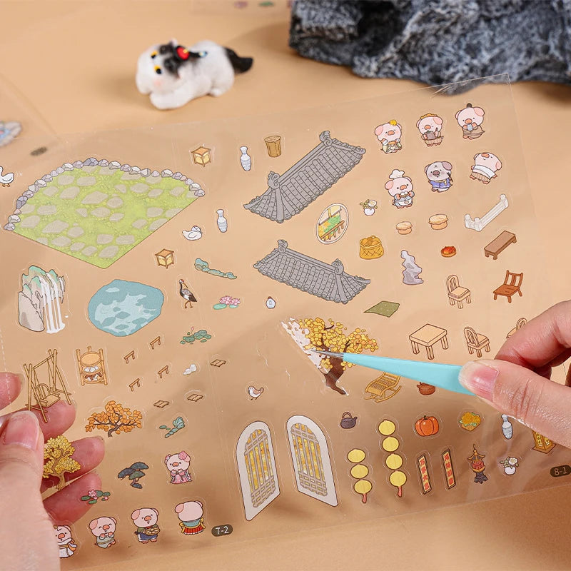 40Pcs Scenes Cartoon Landscape Sticker Book Ancient style building DIY 3D Sticker Cabin Scene Pocket Birthday Gift For Planner Qme