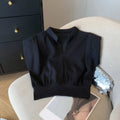 V-neck Flip Collar T-shirt Y2K Slim Fit Sleeveless Crop Wide Shoulder Qme Black M