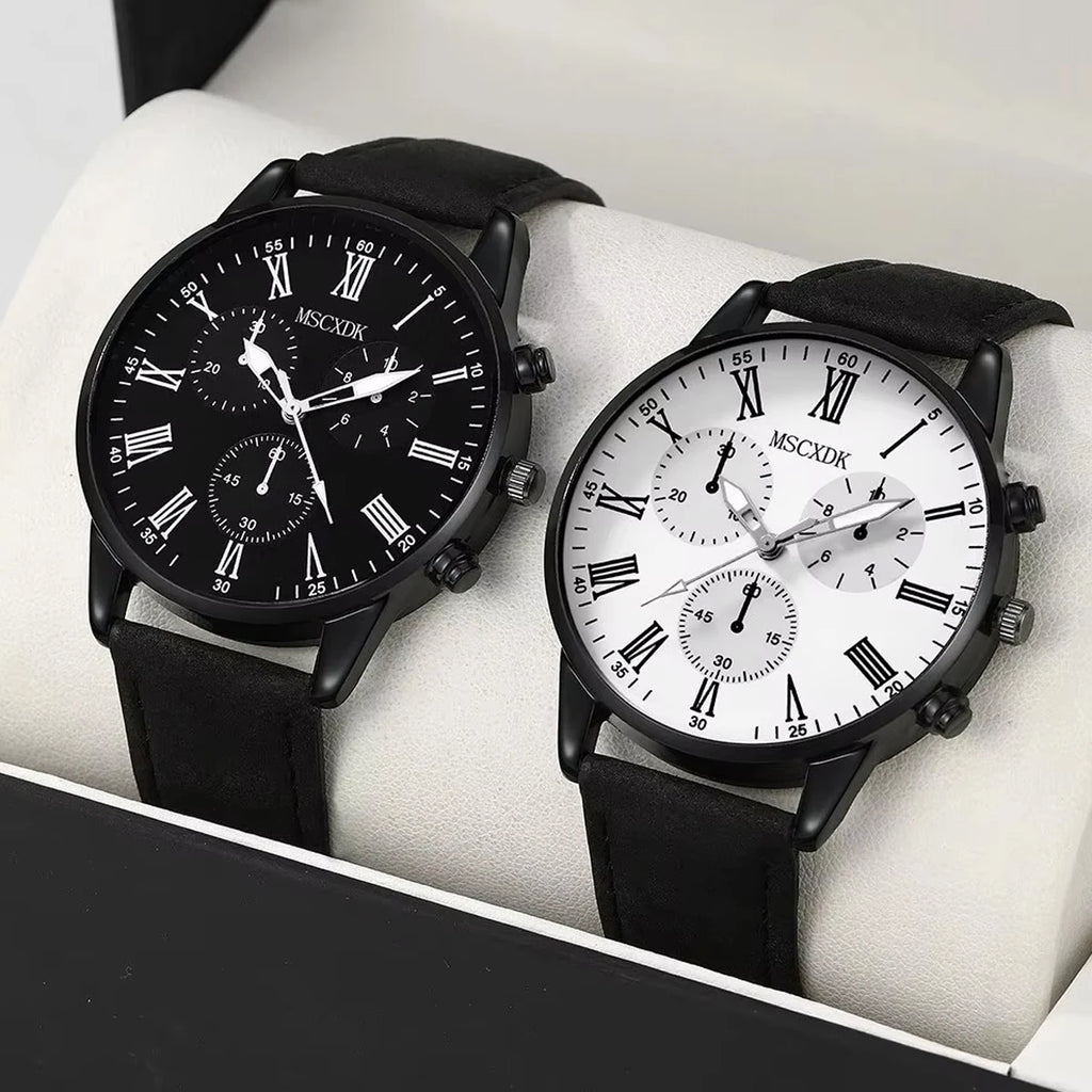 2pcs Fashionable Men's Business Watch Popular Men's Belt Quartz Watch (without Box) Qme