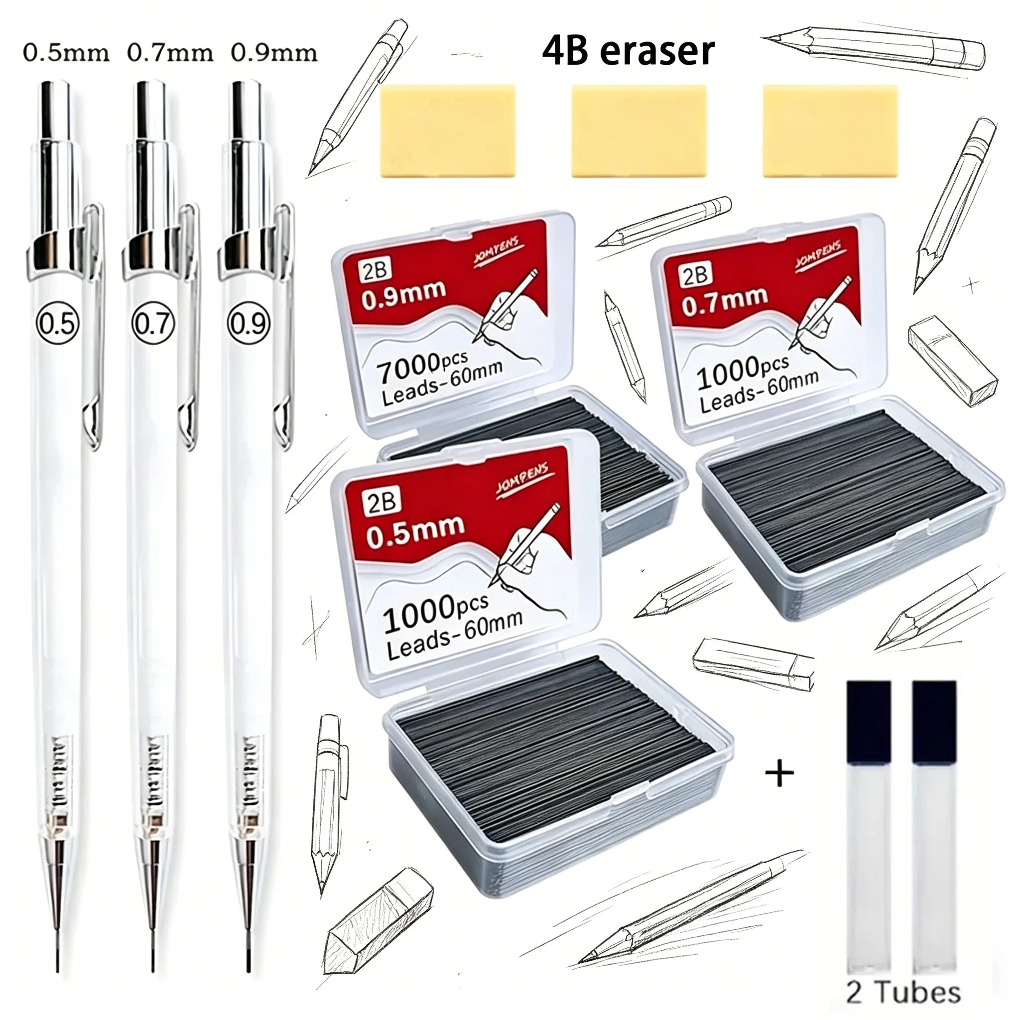 Art Drawing Transparent Mechanical Pencil 0.5/0.7/0.9mm Replaceable 2B Lead Refills + 2 Dispensing Tubes Office Supplies Qme