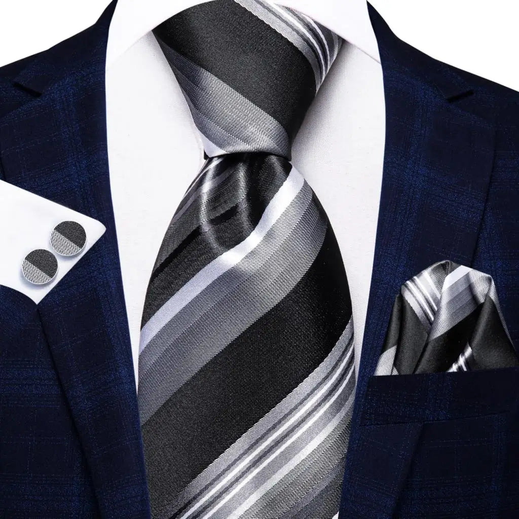 Hi-tie Smoke Grey Tie Men Elegant Mens Necktie Pocket Square Cufflink Qme 3796