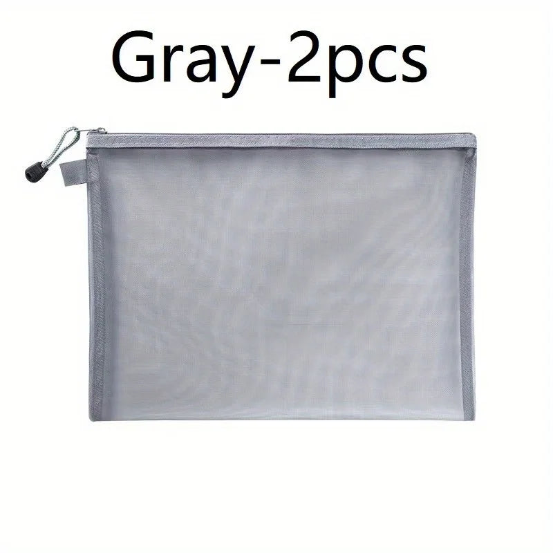 2-Piece Nylon Zipper Mesh Bag Set - Multifunctional Travel Storage Bag and Cosmetic Bag - Durable, A5 Size - Black, White, Grey Qme 2pcs Gray