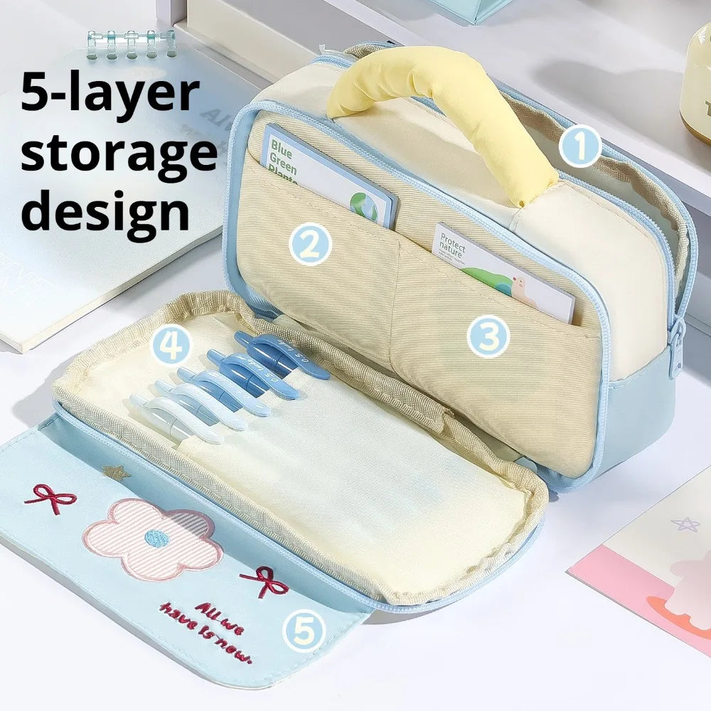 Cute Polka Dot Pencil Box Soft Handle Multi Pocket Stationery Bag Qme