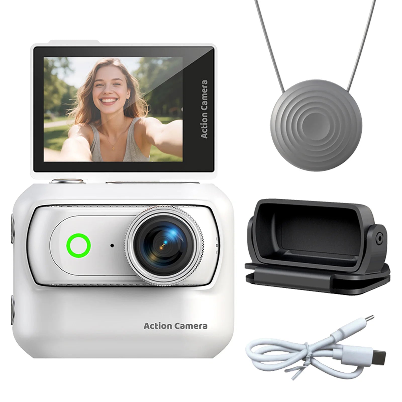 Compact Panoramic Action Camera Anti-Shake Portable Outdoor Travel Camera With Magnetic Neck Strap for Vlog Recording & Selfie Qme White