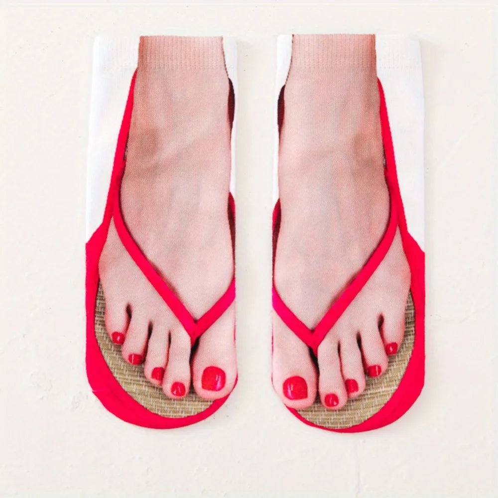 2pairs 3D nail print socks fun flip flops socks 3D pattern socks sandals socks low cut ankle fool socks - a prank gift Qme