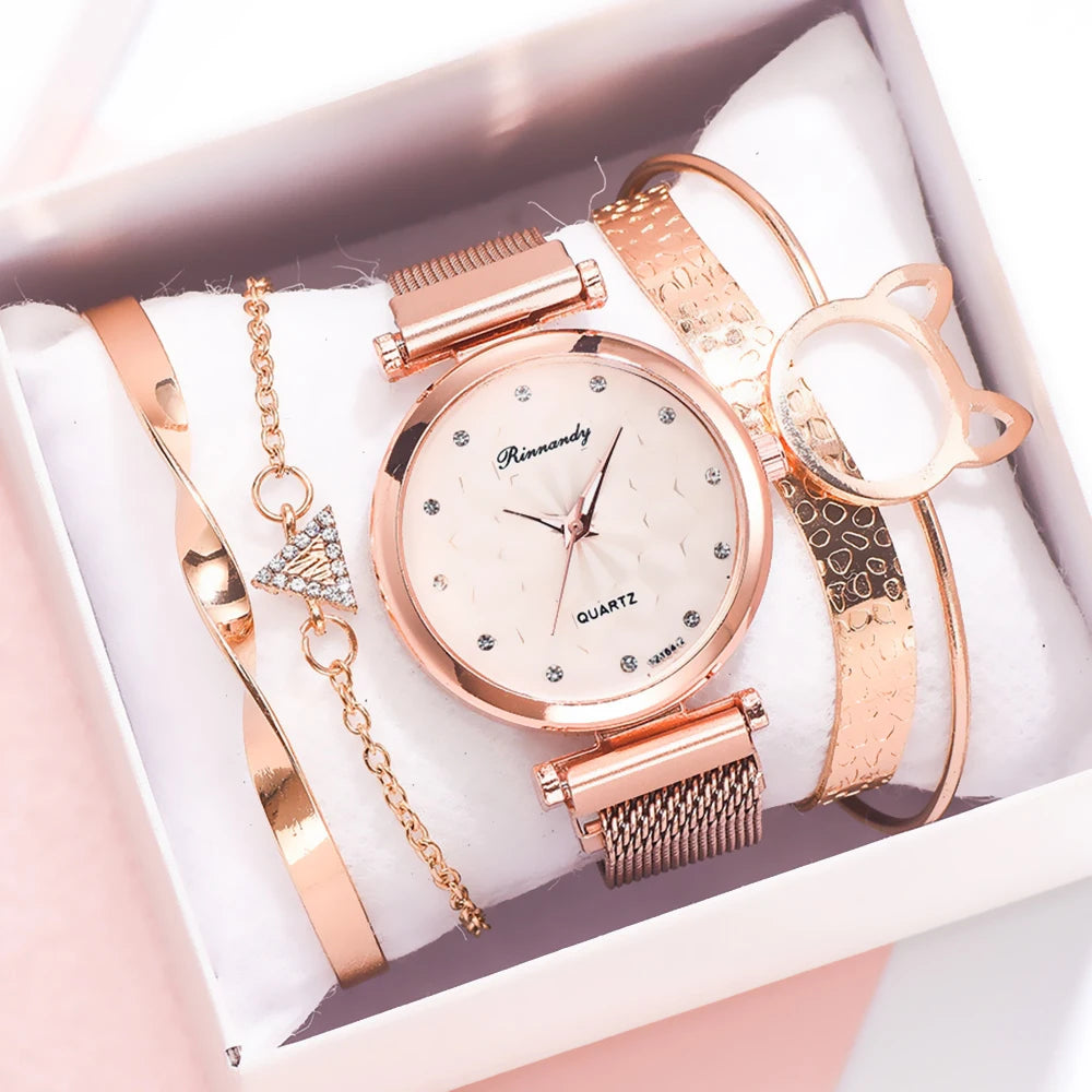 5PCS Bracelet Watches Set Fashion Women Rose Gold Mesh Belt Wristwatches Quartz Watch for Women Business Clock Relogio Feminino Qme