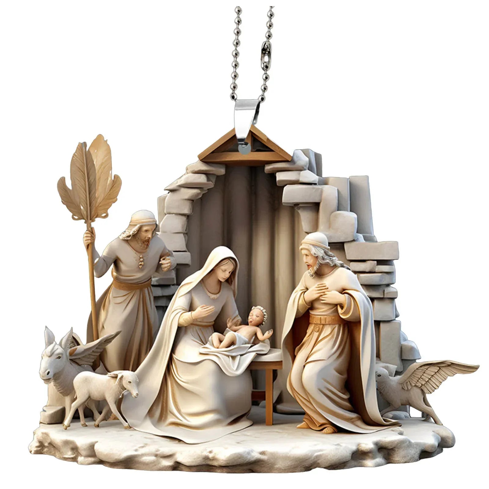 Christmas Tree Jesus Pendant Ornament Family Prayer Scene Pendant Bright Colored Car Decoration Pendant Home Decorations Qme A as picture