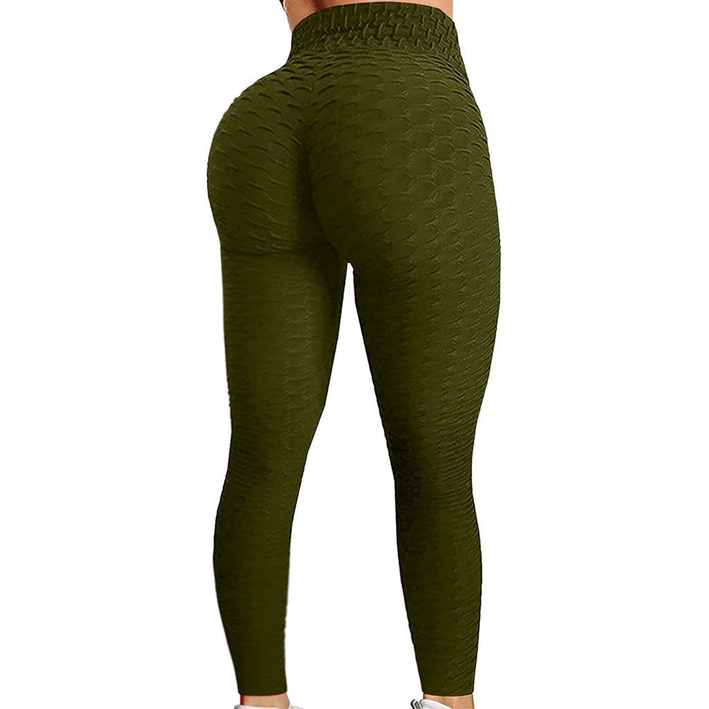 Women's Bubble Hip Lifting Exercise Fitness Running High Waist Yoga Pants Solid Color Fashionable Yoga Pants Qme Army Green L