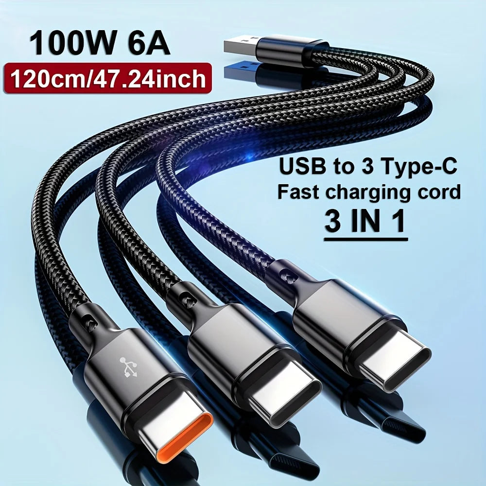 3 IN 1 USB Cable Cord USB To Type C Charger Cable Multi 6A Type C Ports Fast Charging Data Cord For iPhone Samsung Xiaomi Huawei Qme