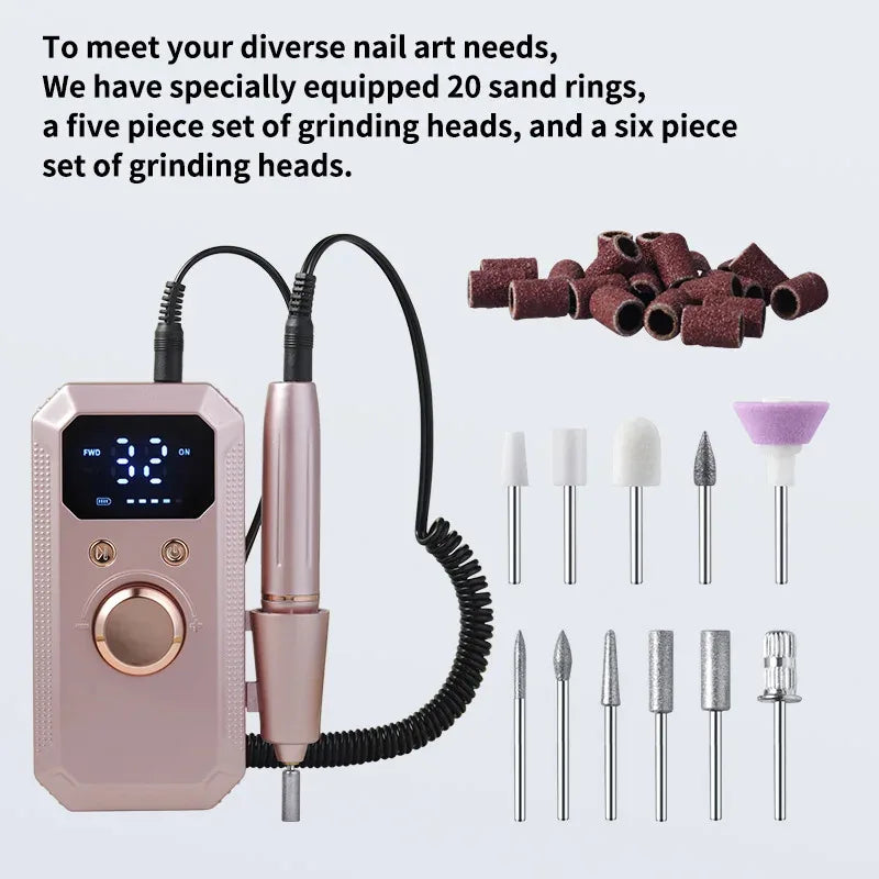 New Professional Electric Nail Art Drill Portable Electric File HD Display Multi Head Replaceable Nail Art Lathe Grinder Qme