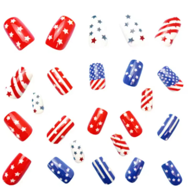 Detachable European Square False Nails Mid Long Style Red Blue Star Stripes Independence Day Wearable Nail Tips Beauty Qme