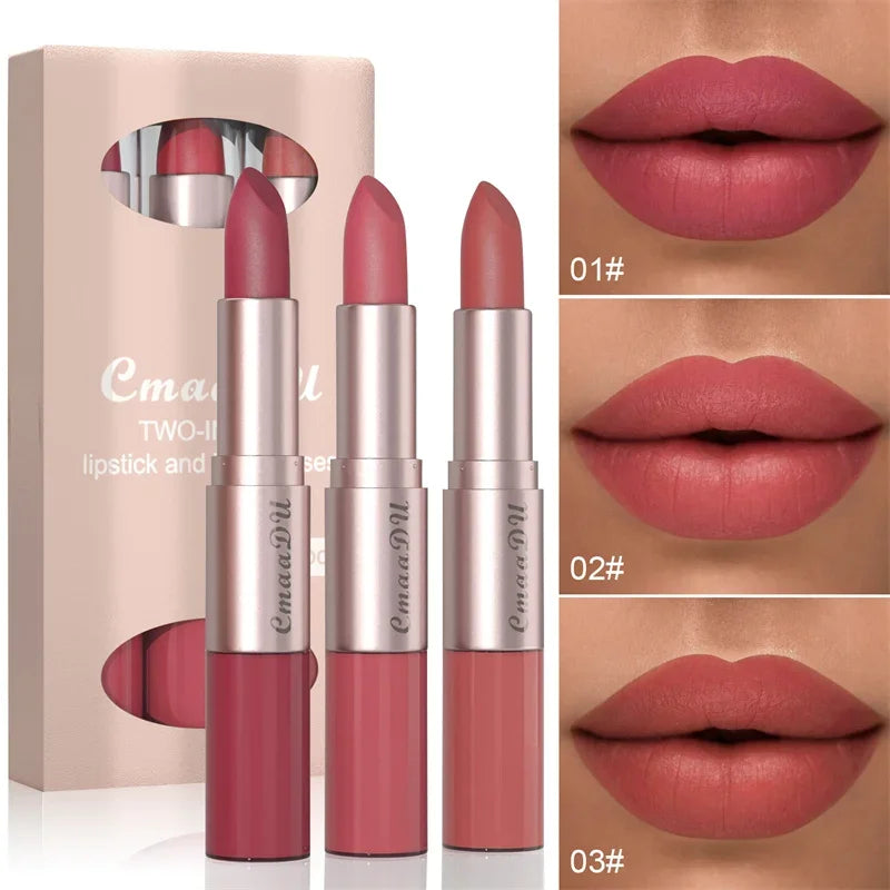 2 In 1 Double-ended Lipstick Lip Liner Pen Matte Pigment Non-stick Cup Skin Color 24H Lasting Waterproof Makeup Beauty Cosmetics Qme B-01