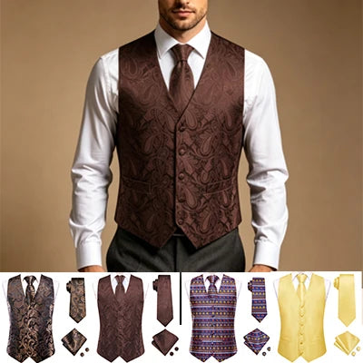 V-neck Waistcoat 4 Men Vest Tie Pocket Square Cufflinks Business Qme
