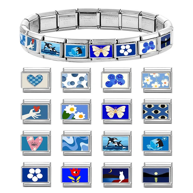 Fashion Blue Series Cartoon Shark Sea Seagull Crab Italian Charm Links Fit 9mm Stainless Steel Bracelet Jewelry DIY Making Beads Qme