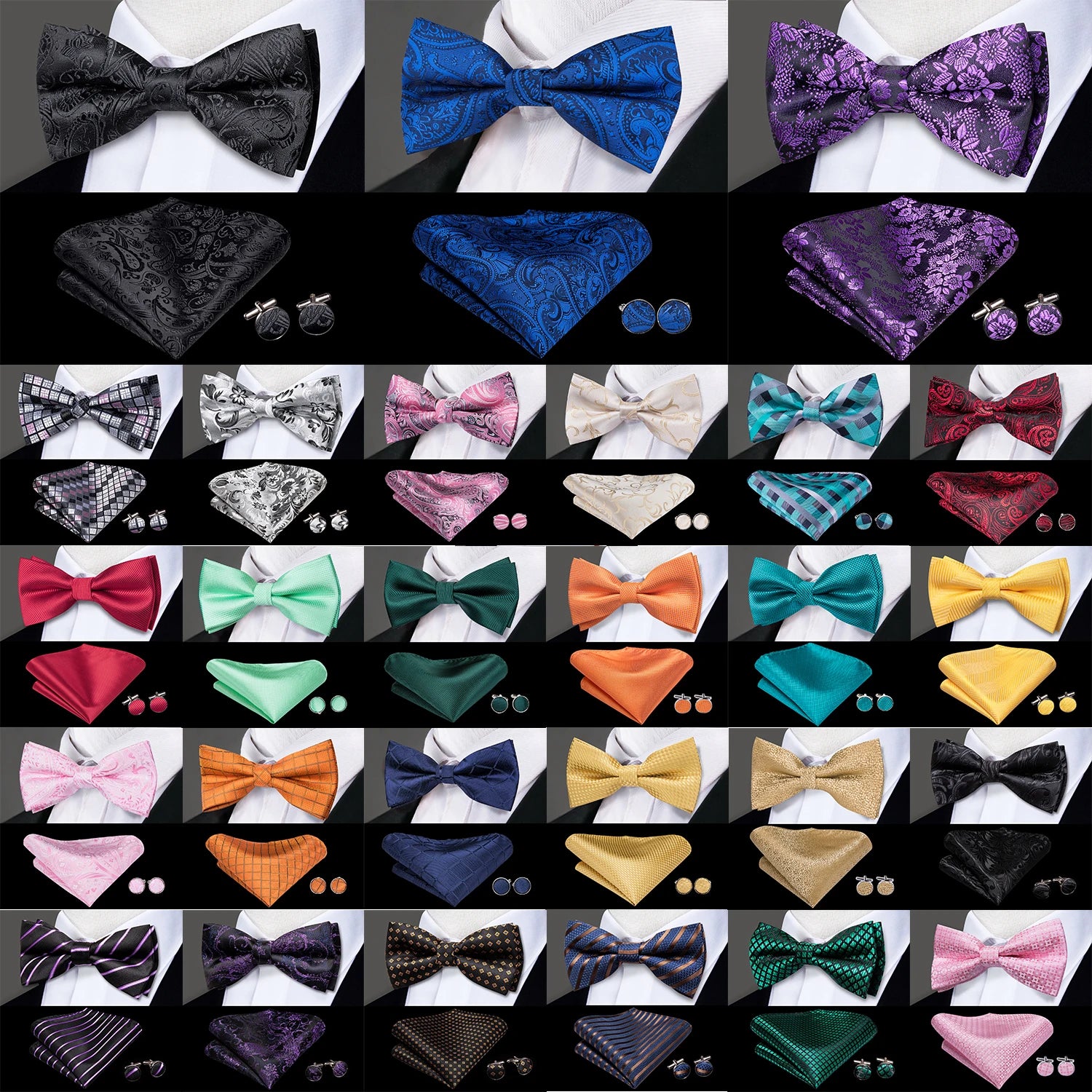 Hi-tie Pre-tied Mens Bowtie Hanky Cufflinks Bow Tie Cravat Male Qme