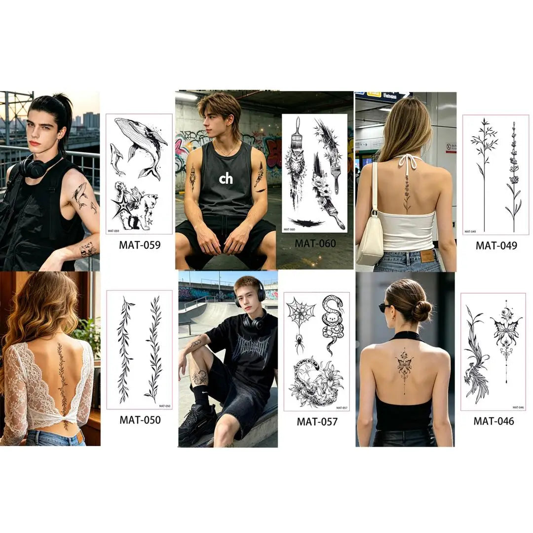 A 6/9pcs Temporary Tattoos for Women - Black Heart, Butterfly, Floral & Celestial Designs | Waterproof Fake Tattoo Stickers Qme 6pcs MAT-046MAT060