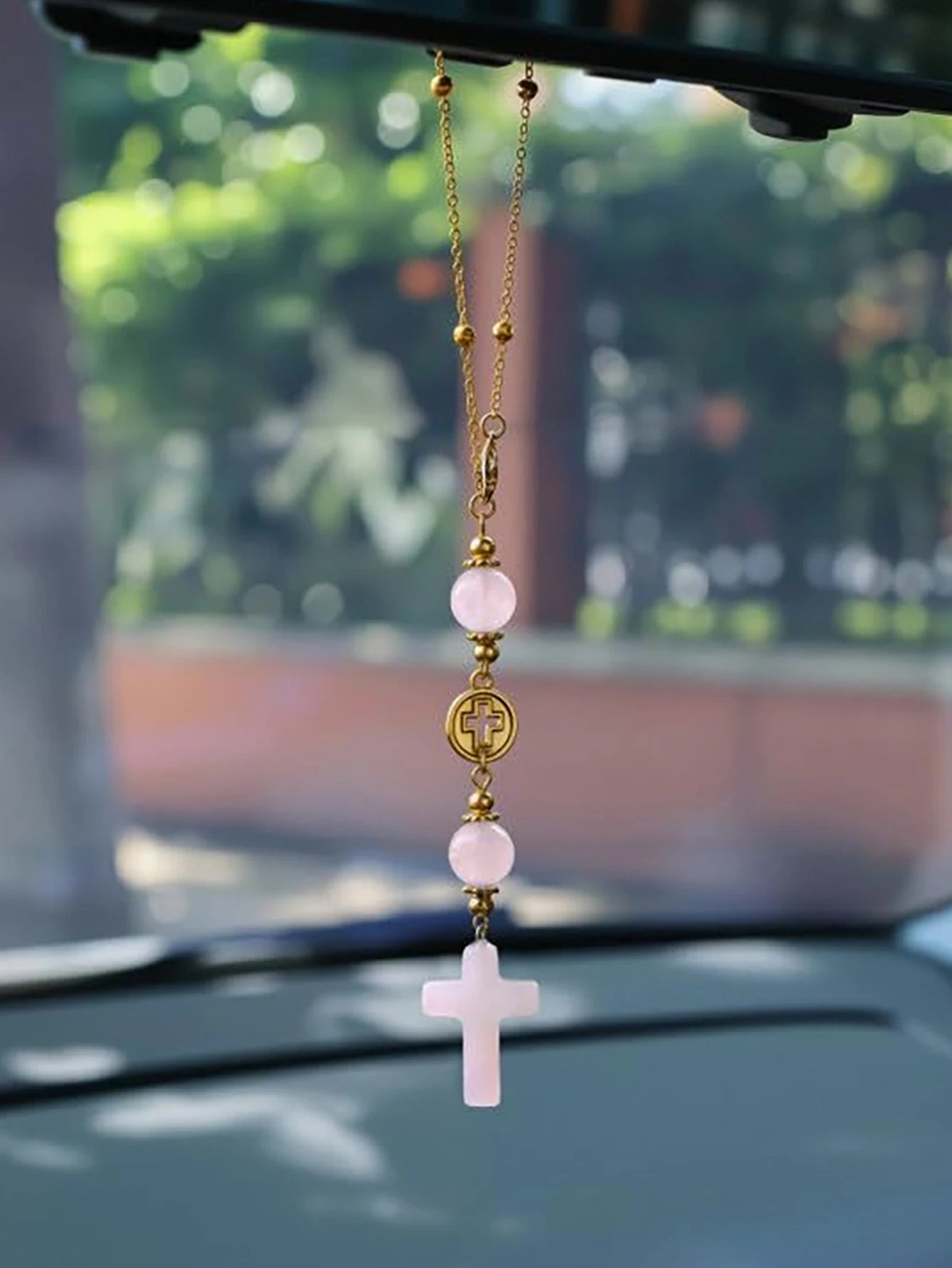 Natural Crystal Cross Car Rearview Mirror Decoration Heart-shaped Qme Pink