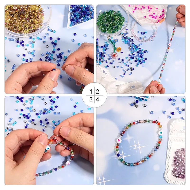 100Pcs 4MM Glass Beads Bicone Shaped Beads Faceted Crystal Beads for Jewelry Making Bracelet Necklace Earrings DIY Beading Qme