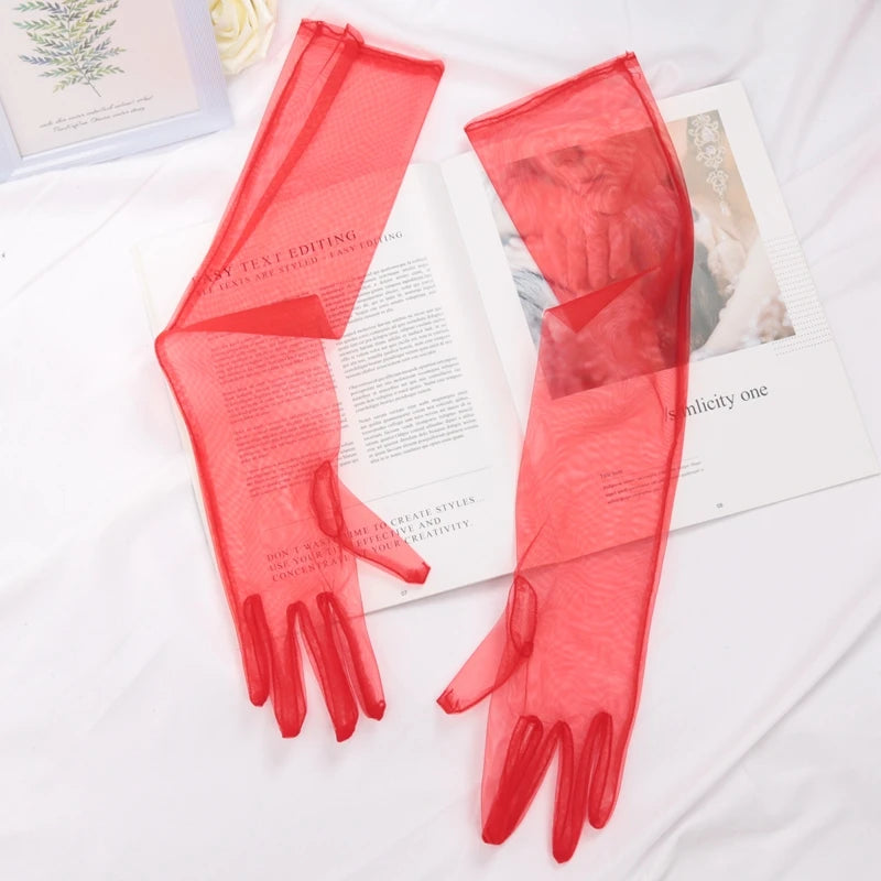Long Sheer Tulle Gloves Ultra Thin Stretchy Full Finger Mittens Mesh Qme Red 55cm