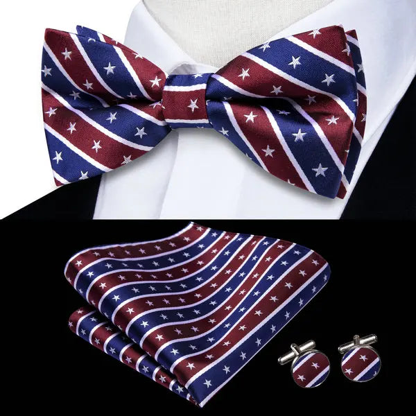 Mens Bow Tie Hanky Cufflinks Pre-tied Red White Pink Solid Floral Stripes Paisley Bowtie for Male Wedding Business Gift Qme LDLH2612