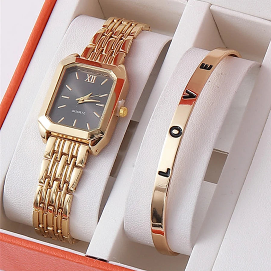 2pcs/set Luxury Women's Quartz Watch with LOVE Bracelet Watch Set Fashion Alloy Band Business Ladies Watches Female Clock Gifts Qme Gold-black Set