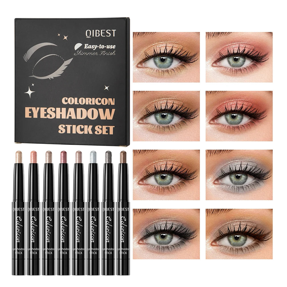 QIBEST 8 Colors Eye Shadow Stick Makeup Sets Shimmer Glitter Dimensional Natural Without Taking Off Eyeshadow Cosmetics Kits Qme Eyeshadow Sets