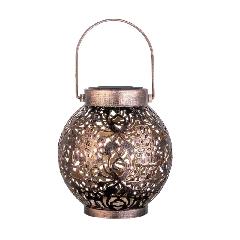 Solar LED Lantern Light, Outdoor Hanging Projection Light with Hollow Wrought Iron Design Waterproof Yard Garden Art Decoration Qme Bronze 1pc