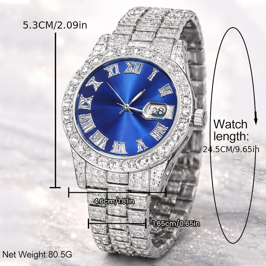 Luxury Silver Iced Out Men's Watch Jewelry Set, 4Pcs Blue Dial Watch + Cuban Chain + Bracelet + Cross Necklace, Hip Hop Accessor Qme