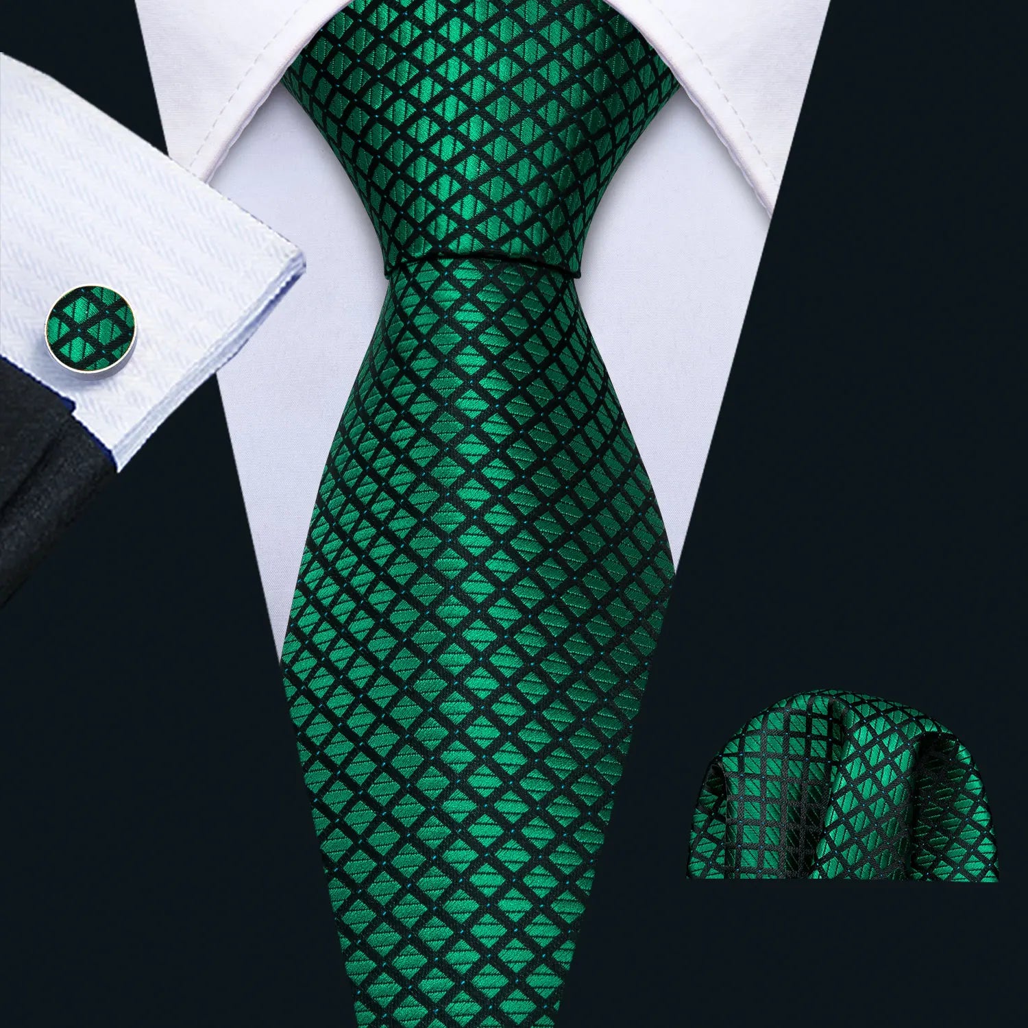 Complete Men's Tie Accessories Bundle: Classic Tie, Pocket Handkerchief, Cufflinks, Premium 3-in-1 Set for Office & Parties Qme DPTH-HT-LDSN1608