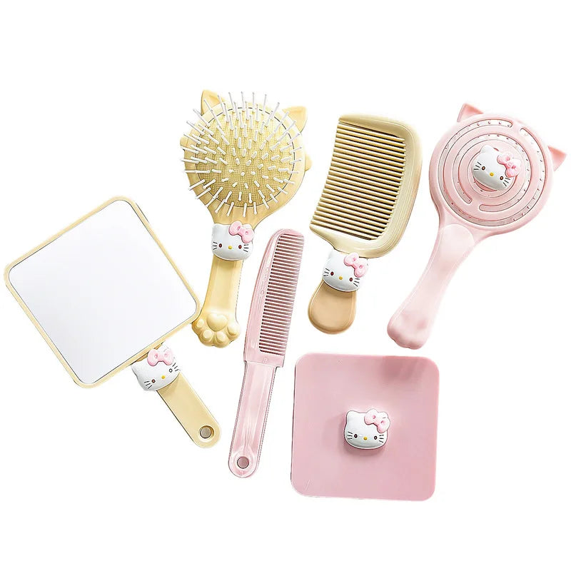 Hello Kitty Volumizing Openwork Comb Massage Cushion Comb Air-Cushion Comb Straightening Comb and Mirror 4-Piece Set Qme